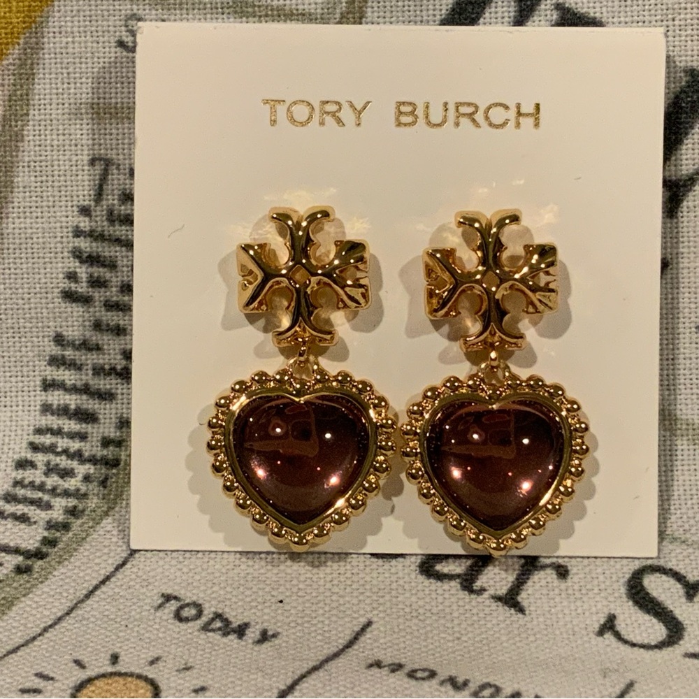 Tory Burch Gold Floral Earrings with Brown Heart Charms